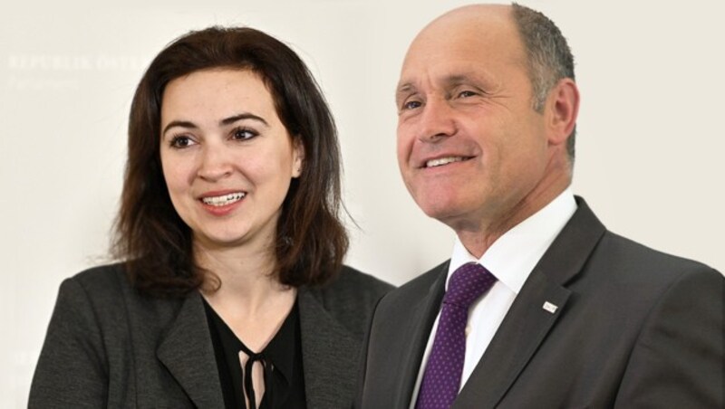 Sie leiten die Verhandlungsgruppe Staat, Gesellschaft, Transparenz: Alma Zadic, Wolfgang Sobotka (Bild: APA/HANS PUNZ, APA/ERWIN SCHERIAU, krone.at-Grafik)