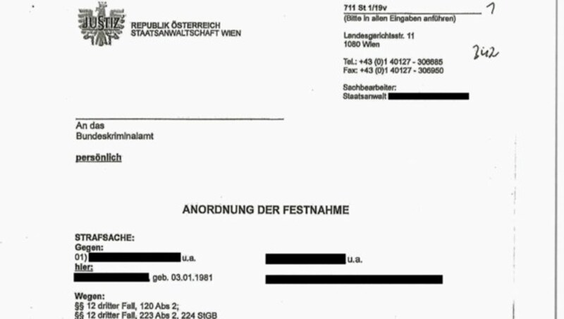 Die Festnahme-Anordnung der Staatsanwaltschaft Wien für einen der Sicherheits-Profis, die für das pikante Video von Strache doppelt abkassieren wollten. (Bild: ZVG)