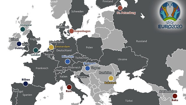 Die über ganz Europa und darüber hinaus verstreuten Ausrichterstädte für die EURO 2020 (Bild: Kronen Zeitung)