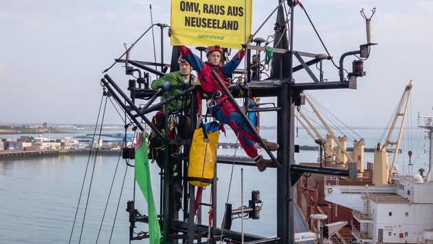 Greenpeace-Aktivisten auf dem Mast des OMV-Schiffes (Bild: APA/GREENPEACE/GEOFF REID)