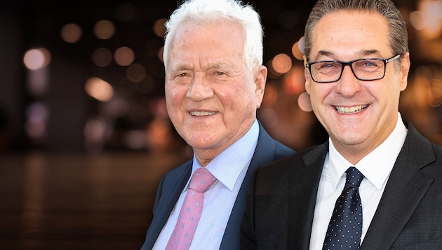 Bald politische Geschäftspartner? Frank Stronach und Heinz-Christian Strache (Bild: AFP/Getty Images, Andy Wenzel, stock.adobe.com, krone.at-Grafik)