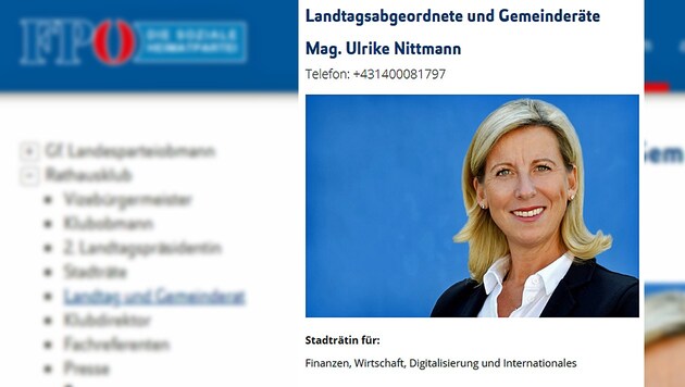 Ulrike Nittmann ist eigentlich gar nicht Wiens Finanzstadträtin. (Bild: Screenshot fpoe-wien.at, krone.at-Grafik)