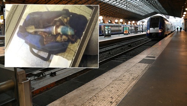 Die französische Polizei stellte am Pariser Bahnhof Gare du Nord eine Tasche mit „explosiven Elementen“ sicher. (Bild: AFP, twitter.com, krone.at-Grafik)