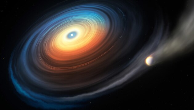 Diese Illustration zeigt den Weißen Zwerg WDJ0914+1914 und seinen Neptun-ähnlichen Exoplaneten (rechts) (Bild: ESO/M. Kornmesser)