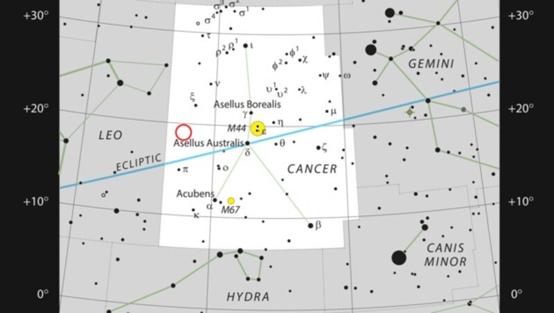 Die Position von WDJ0914+1914 (rot markiert) im Sternbild Krebs (Bild: ESO, IAU und Sky & Telescope)