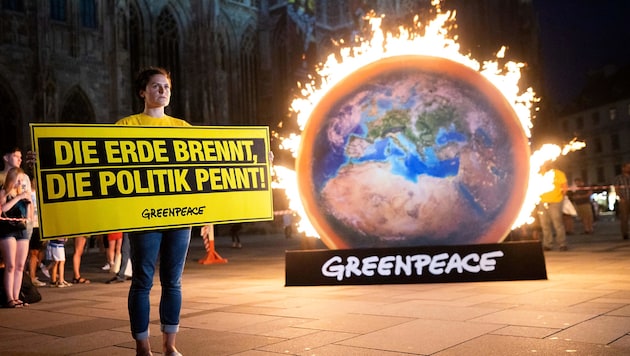 Eine Greenpeace-Aktion vor dem Stephansdom im August 2019 (Bild: APA/GEORG HOCHMUTH)