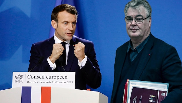 Präsident Emmanuel Macron musste den Rücktritt seines Pensionsreform-Beauftragten Jean-Paul Delevoye zur Kenntnis nehmen. (Bild: AP, APA/AFP/Philippe LOPEZ, krone.at-Grafik)