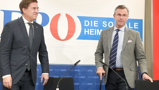 FPÖ-Parteichef Norbert Hofer und der Welser Bürgermeister Andreas Rabl präsentierten die Zukunftskonzepte der Partei. (Bild: APA/Roland Schlager)