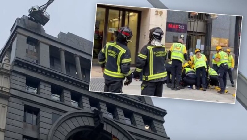 Eine junge Urlauberin wurde in Madrid von herabstürzenden Gebäudeteilen erschlagen. (Bild: youtube.com/Emergencias Madrid OFICIAL)