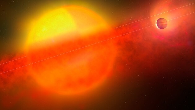 Künstlerische Illustration: Der Stern DMPP-1a (links), der von seinem Masse (rot) verlierenden Planeten DMPP-2b umkreist wird. (Bild: Mark A. Garlick/markgarlick.com )