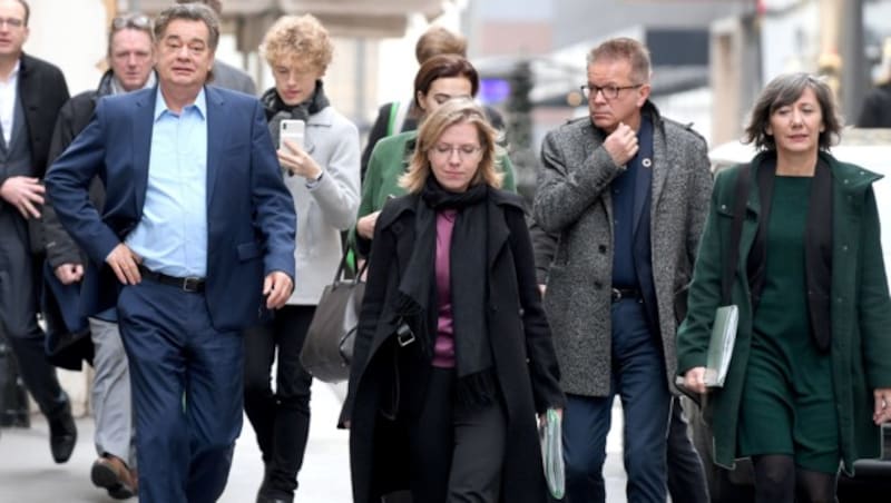 (v.l.n.r.) Werner Kogler, Leonore Gewessler, Rudi Anschober und Birgit Hebein (Bild: APA/ROLAND SCHLAGER)