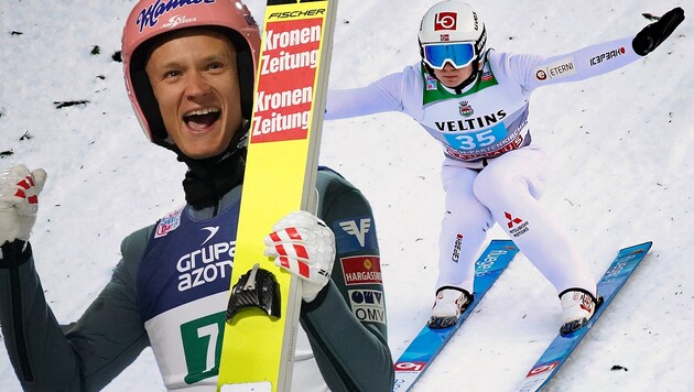 Daniel Huber, Österreichs Tagebester in Garmisch, und der Tagessieger Marius Lindvik (NOR) (Bild: GEPA, APA/AFP/JANEK SKARZYNSKI)