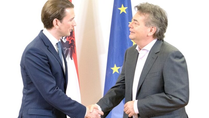 Historischer Handschlag um 22 Uhr: Kurz und Kogler paktierten ihre Koalition. (Bild: AFP)