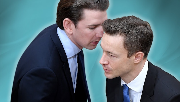 ÖVP-Chef Sebastian Kurz und Parteikollege Gernot Blümel, der unter Türkis-Grün künftig für die Finanzen zuständig zeichnet (Bild: APA/Roland Schlager, stock.adobe.com, krone.at-Grafik)