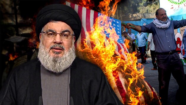 Hisbollah-Führer Sajjed Hassan Nasrallah droht den USA mit Bombenattentaten. (Bild: AFP, APA/AFP/AL-MANAR TV, krone.at-Grafik)