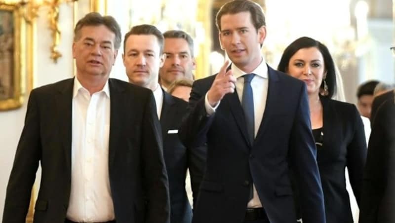 Vizekanzler Werner Kogler (Grüne) und Bundeskanzler Sebastian Kurz (ÖVP) führen die neue Regierung zur Angelobung. (Bild: APA/ROLAND SCHLAGER)