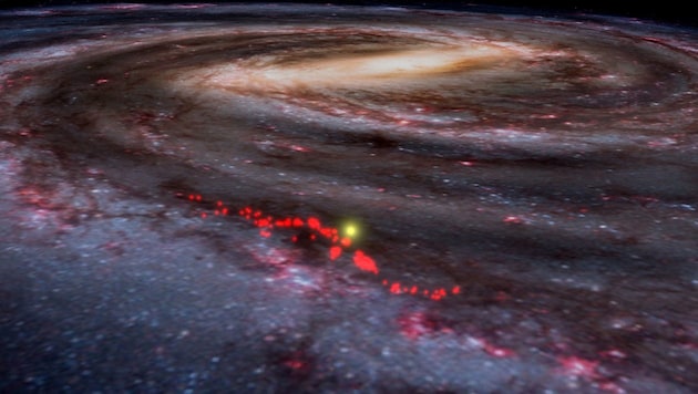 Die „Ratcliffe-Welle“ (rot markiert) und die Milchstraße (Bild: Alyssa Goodman/Harvard University)