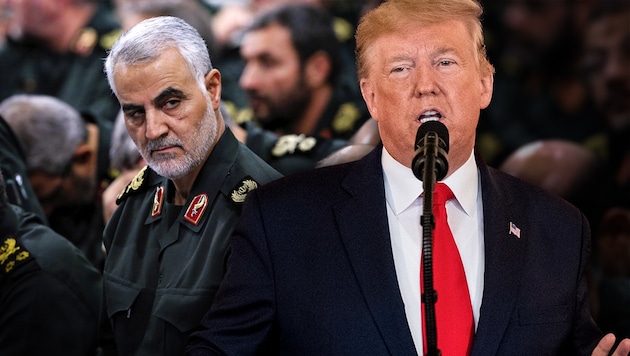 Kassem Soleimani (li.) war im Jänner 2020 bei einem von Ex-US-Präsident Donald Trump befohlenen Drohnenangriff am Flughafen von Bagdad getötet worden. (Bild: AP, krone.at-Grafik)