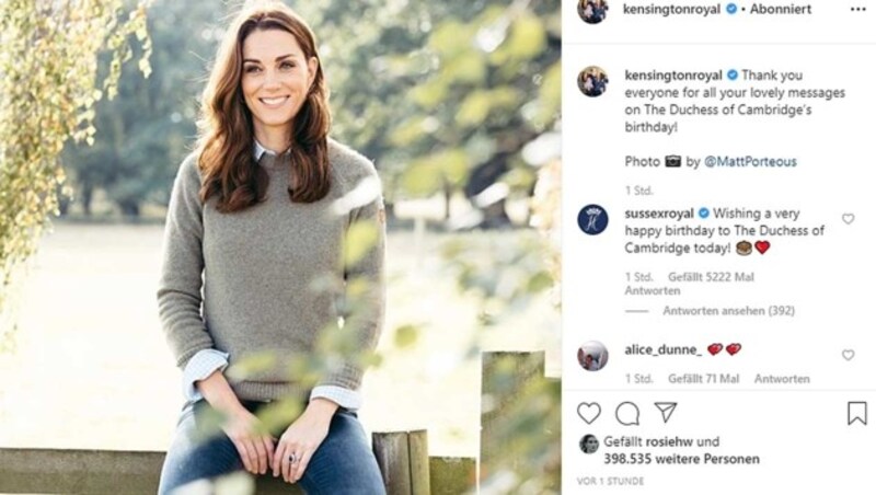 Herzogin Meghan und Prinz Harry haben Herzogin Kate von ihrem sussxroyal-Account aus auf Instagram gratuliert. (Bild: Screenshot kensingtonroyal)