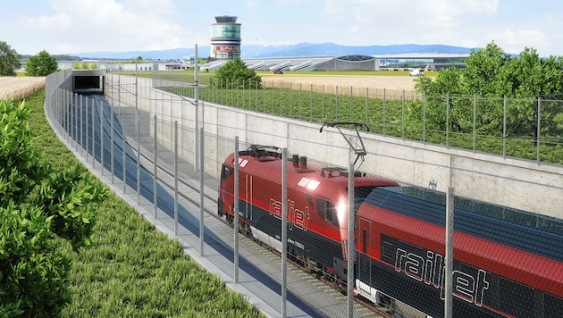 Beim Flughafen Graz soll die Bahn in die Tiefe eintauchen (Bild: ÖBB/3D-Schmiede)