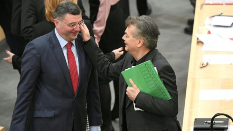 SPÖ-Klubobmann-Stellvertreter Jörg Leichtfried und Grünen-Chef und Vizekanzler Werner Kogler (Bild: APA/ROLAND SCHLAGER)