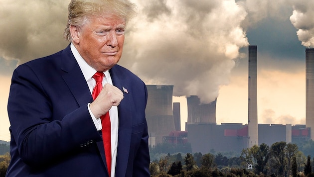 Der 45. US-Präsident Donald Trump galt bisher als Klimawandel-Skeptiker. (Bild: AP, stock.adobe.com, krone.at-Grafik)