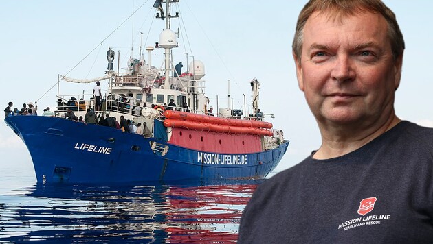 Claus-Peter Reisch will nicht mehr Kapitän des NGO-Schiffes Lifeline sein. (Bild: Hermine Poschmann /Mission Lifeline, Henning Schlottmann, krone.at-Grafik)