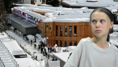 Greta Thunberg hat bereits vor dem Gipfel in Davos eine Forderung an die „Führer der Welt“ gerichtet: Sie sollen nicht mehr in fossile Energien investieren. (Bild: APA/AFP/Miguel MEDINA, AP, krone.at-Grafik)