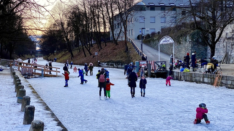 Die gekennzeichnete Eisbahn bis zur Rizzibrücke ist freigegeben. (Bild: Clara Milena Steiner)