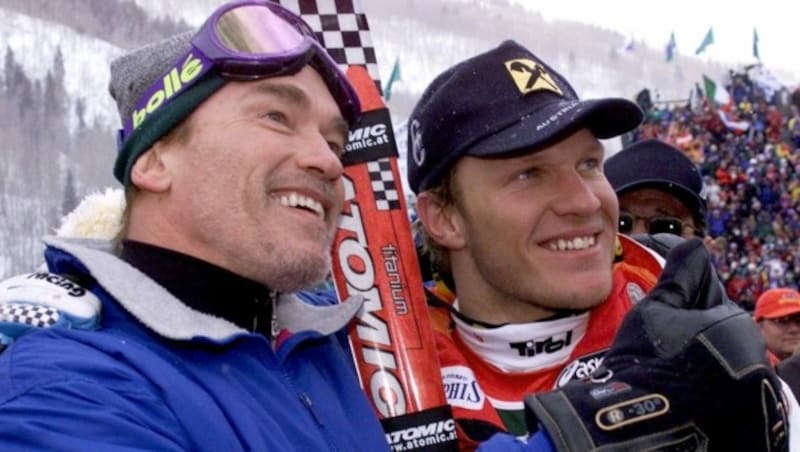 Arnold Schwarzenegger und Goldmedaillen-Gewinner Hermann Maier im Zielraum von Beaver Creek (Bild: APA/Rubra)