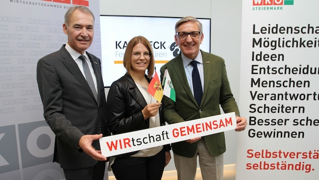WK-Burgenland Präsident Peter Nemeth, Nina Katzbeck und WK-Steiermark Präsident Josef Herk fordern ein Aus für Grenzen bei Berufsschulen. (Bild: WKO)