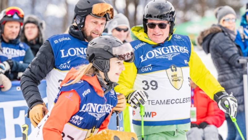 Helene Berger, Marco Büchel und Franz Klammer (r.) im Rahmen der KitzCharityTrophy am 25. Jänner (Bild: APA/EXPA/STEFAN ADELSBERGER)