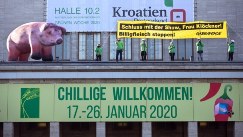 Greenpeace-Aktivisten protestieren gegen Billigfleisch. (Bild: APA/dpa/Christoph Soeder)