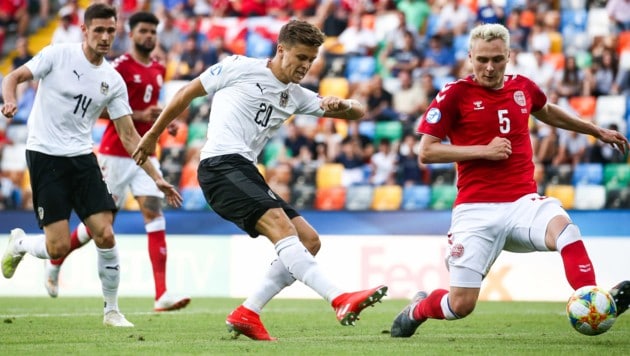 Christoph Baumgartner (Mitte) im U21-EM-Spiel gegen Dänemark im Juli 2019 (Bild: GEPA)