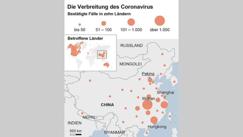 Die bisherige Ausbreitung des Coronavirus (Bild: APA)