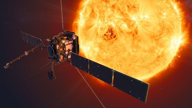 Künstlerische Illustration: Der „Solar Orbiter“ im engen Orbit um die Sonne (Bild: ESA/ATG medialab)