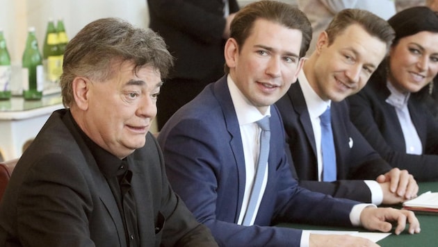 Die Regierungsmannschaft von Bundeskanzler Sebastian Kurz und Vizekanzler Werner Kogler versammelt sich in Krems zu ihrer ersten Klausur. (Bild: AP)