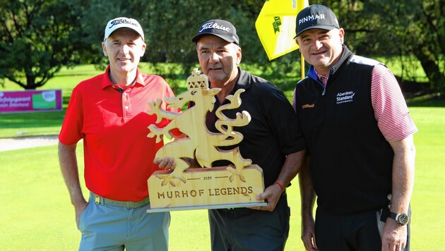 Nach dem Vorjahressieg von Jose Coceres - hier flankiert von Phillip Price und Paul Lawrie (rechts) - kehren die Golf-Stars der Staysure Tour von 14. bis 16. Mai zurück in die Steiermark. (Bild: GEPA pictures)