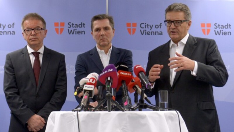 Gesundheitsminister Rudolf Anschober (links im Bild), Michael Binder (Medizinischer Direktor des KAV) und der Wiener Gesundheitsstadtrat Peter Hacker (rechts) im Rahmen einer Pressekonferenz zur Rückkehr der Österreicher aus dem chinesischen Coronavirus-Epidemiegebiet (Bild: APA/HERBERT PFARRHOFER)