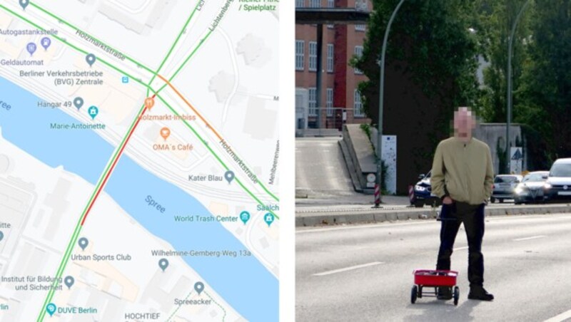 Wo Weckert mit seinem Leiterwagerl spazieren fuhr, meldete Google Maps Stau - auch, wenn die Straße eigentlich frei war. (Bild: simonweckert.com)