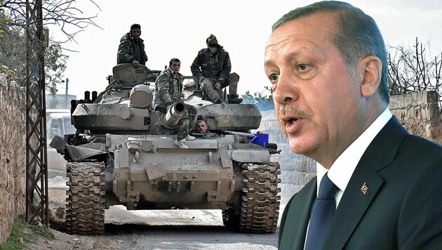 Die syrischen Truppen kommen dem Herrschaftsbereich des türkischen Präsidenten Recep Tayyip Erdogan in Syrien nun gefährlich nahe. (Bild: APA/AFP/SANA, AP, krone.at-Grafik)