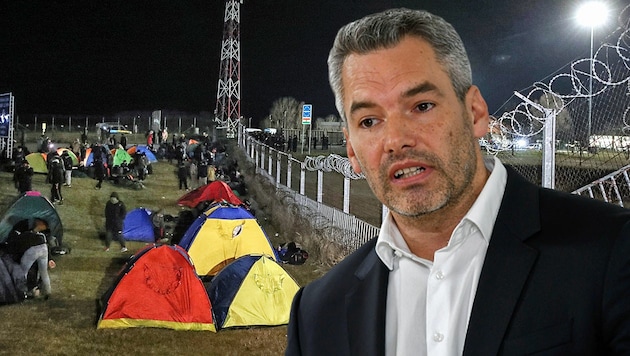 Innenminister Karl Nehammer: „Die ungarischen und serbischen Behörden schützen die Grenze konsequent und verhindern damit ein Weiterwinken nach Mitteleuropa.“ (Bild: APA/LUKAS HUTER, APA/AFP/ISTVAN HUSZTI, krone.at-Grafik)