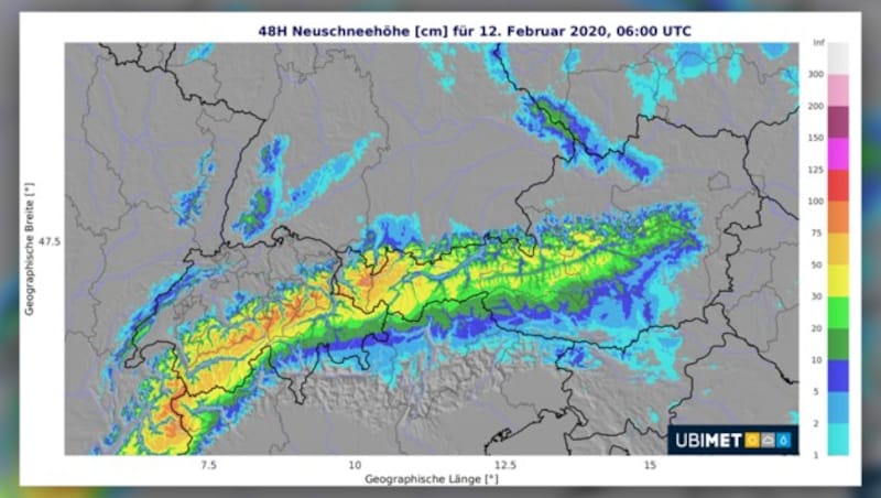 Die erwartete Neuschneehöhe bis Mittwochfrüh (Bild: Ubimet, krone.at-Grafik)