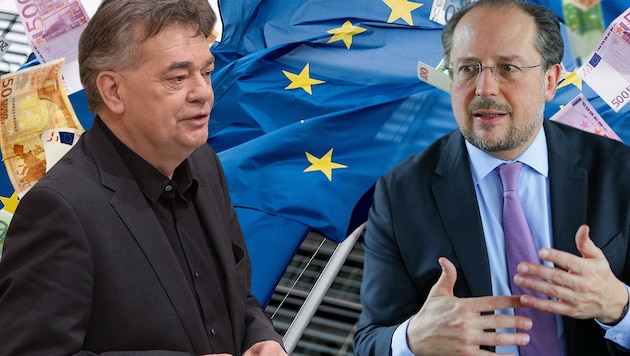 EU-Budget: Vizeklanzler Werner Kogler (Grüne) sieht die Veto-Drohung des Kanzlers „wahrscheinlich populistisch“. Außenminister Alexander Schallenberg (ÖVP) weist das zurück. (Bild: APA/BKA/ANDY WENZEL, AFP, stock.adobe.com, krone.at-Grafik)