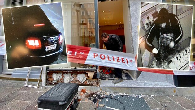 Die drei Täter brachen die Eingangstüre des Uhrengeschäfts auf. (Bild: Markus Tschepp/Polizei Salzburg)