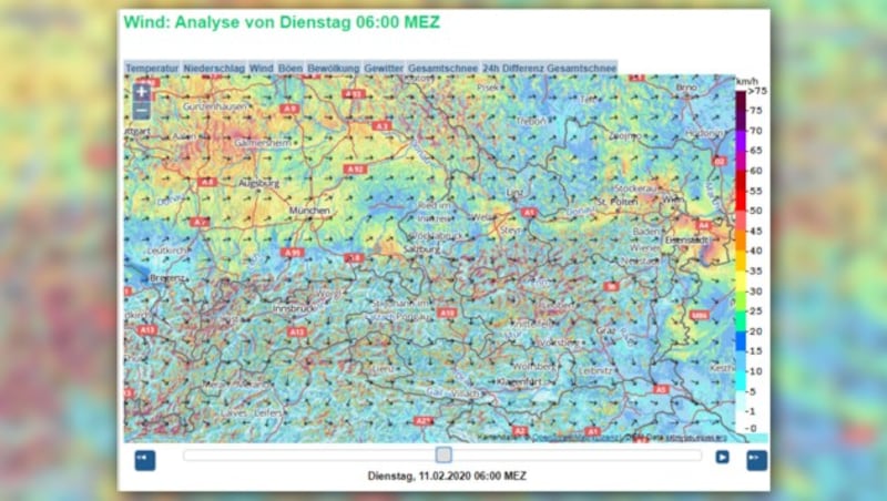 Kräftige Böen wurden bereits am frühen Dienstagmorgen in den betroffenen Regionen verzeichnet. (Bild: www.zamg.ac.at/incaanalyse/)