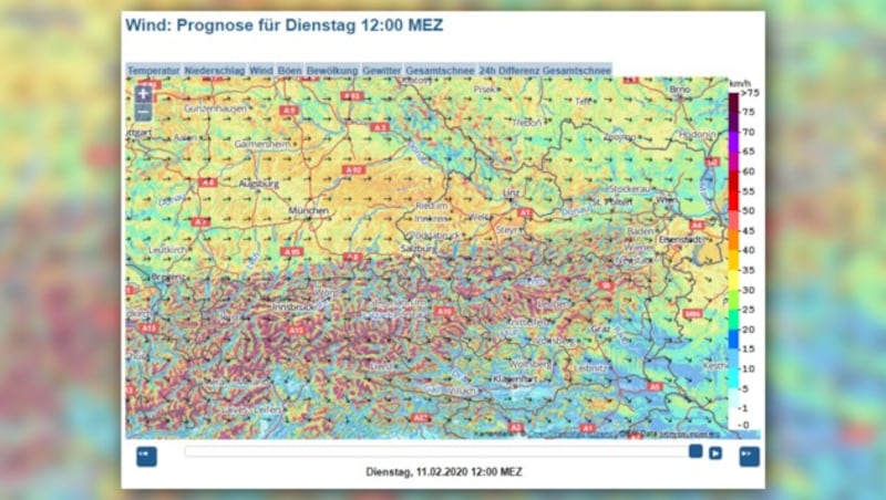 Bis zum Mittag nehmen die Böen weiter zu. (Bild: www.zamg.ac.at/incaanalyse/)