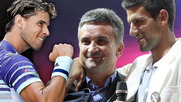 Dominic Thiem, Srdjan Djokovic und Novak Djokovic (von li. nach re.) (Bild: GEPA, APA/AFP/DAVID GRAY)