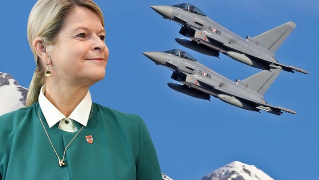 Bleiben wohl noch länger im Inventar: Österreichs Eurofighter und Verteidigungsministerin Klaudia Tanner (Bild: APA/BUNDESHEER/HÖRL, APA/ROLAND SCHLAGER, krone.at-Grafik)