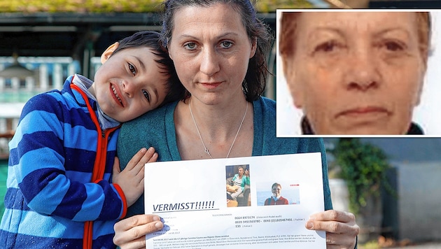 Ilke Quaglia mit ihrem kleinen Sohn. Rechts oben: Ein Foto der vermissten 67-Jährigen. (Bild: Markus Tschepp, krone.at-Grafik)
